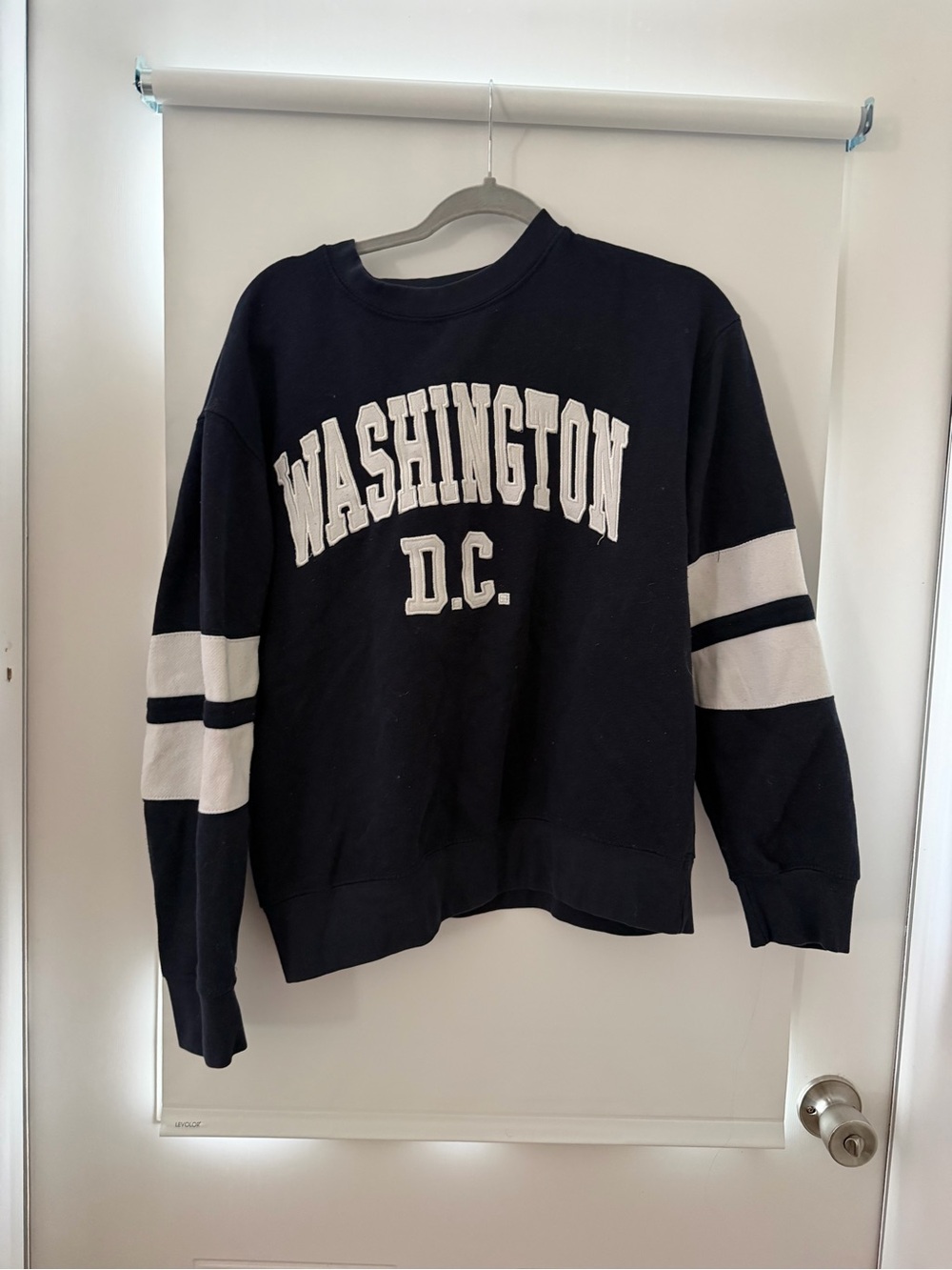 Navy Crewneck Sweatshirt with White Varsity Stripes - Women's